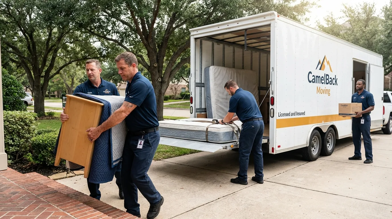 Crew loading residential truck for cross-state move from Oak View, CA