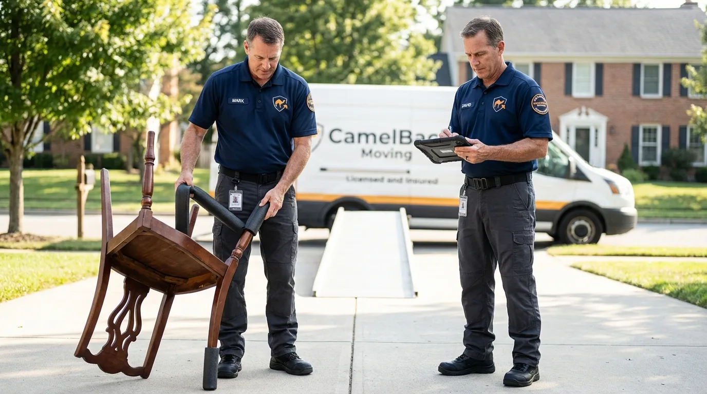 Movers inspecting furniture for damage prevention before loading in Oak View, CA