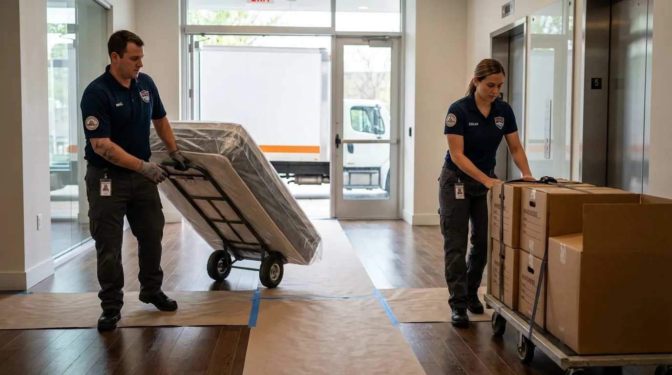Professional apartment movers loading elevator in Oak View, CA