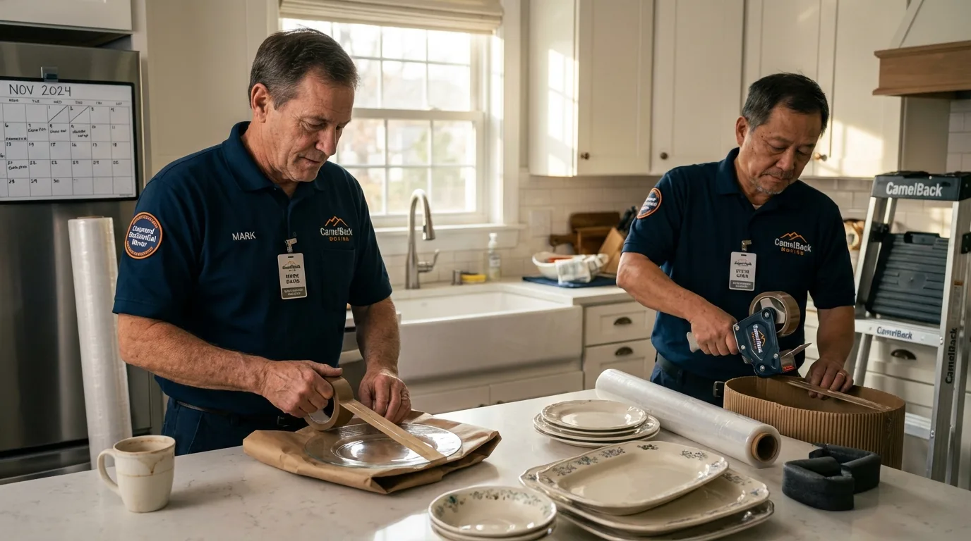 Professional crew packing kitchen dishware in Oak View, CA